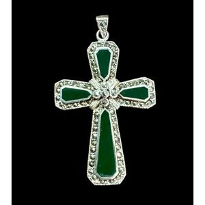 Cross Green Chalcedony GrayMarcasite set in Sterling Sterling Silver 925 Stamped